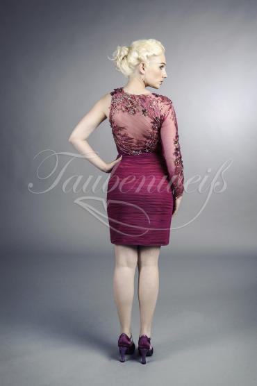 Abendkleid TW0011A - Abendkleid Etui Mini pink fuchsia Spitze ein Ärmel asymmetrisch 3