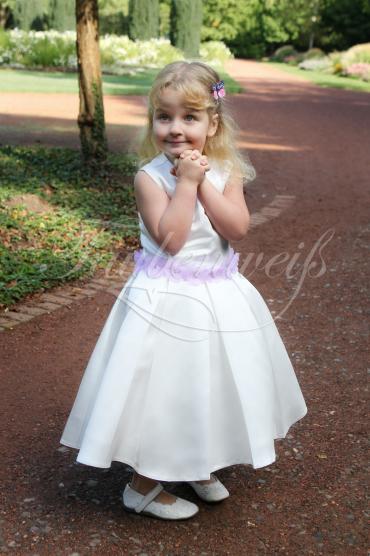 Blumenmädchenkleid TW0003BM - Blumenmädchenkleid elfenbein lila Satin Organzablüten Taubenweiß
