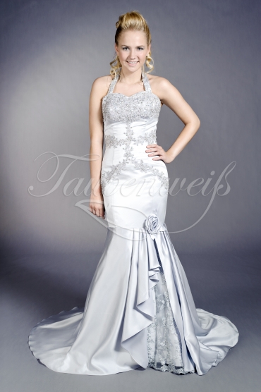 Brautkleid TW0057B - Brautkleid silbergrau Satin Spitze Perlen Neckholder Schleppe