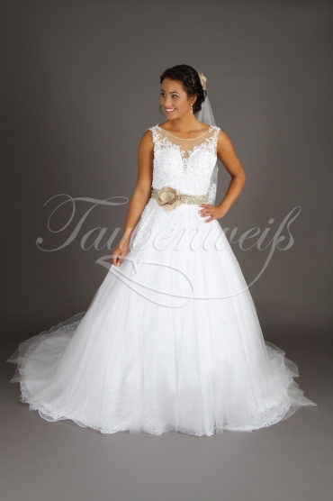Brautkleid TW0143B - braunes Band Tüll Tattoo Spitze Perlen tiefer Ausschnitt Schleppe