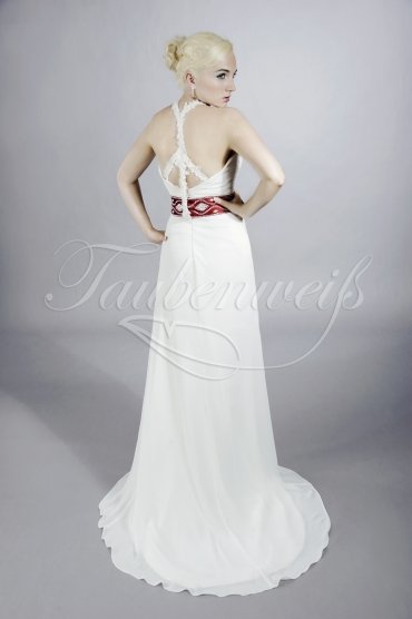 Brautkleid TW0091B - Chiffon Spitze Perlen Neckholder Herzausschnitt rotes Band 3