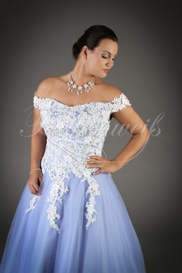Brautkleid TW0101B - blau A-Linie Tüll Spitze Carmen-Ausschnitt Blüten Schleppe 2